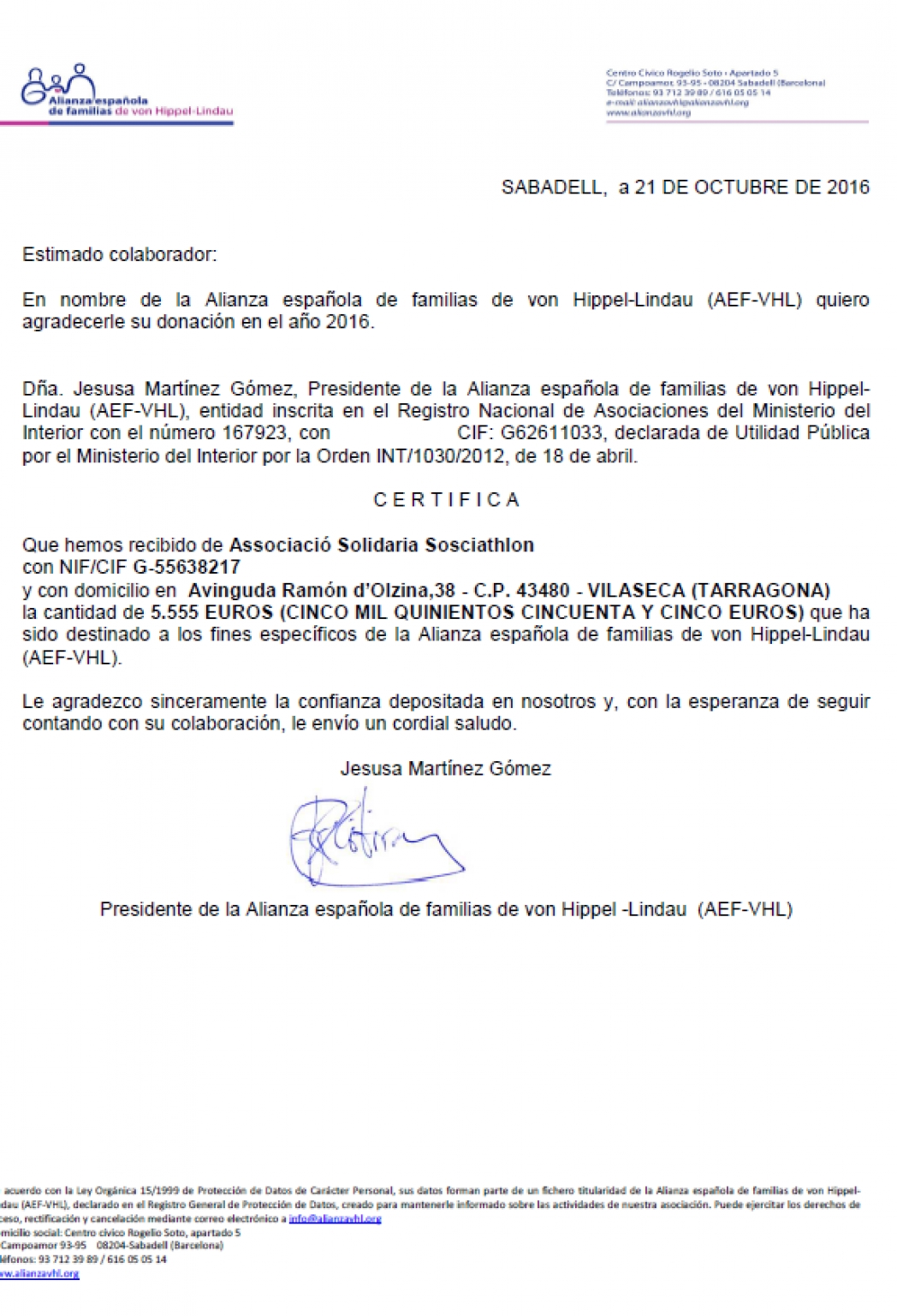 Certificado de donación von Hippel-Lindau (AEF-VHL) - Sosciathlon |  Esdeveniments 100% Solidaris